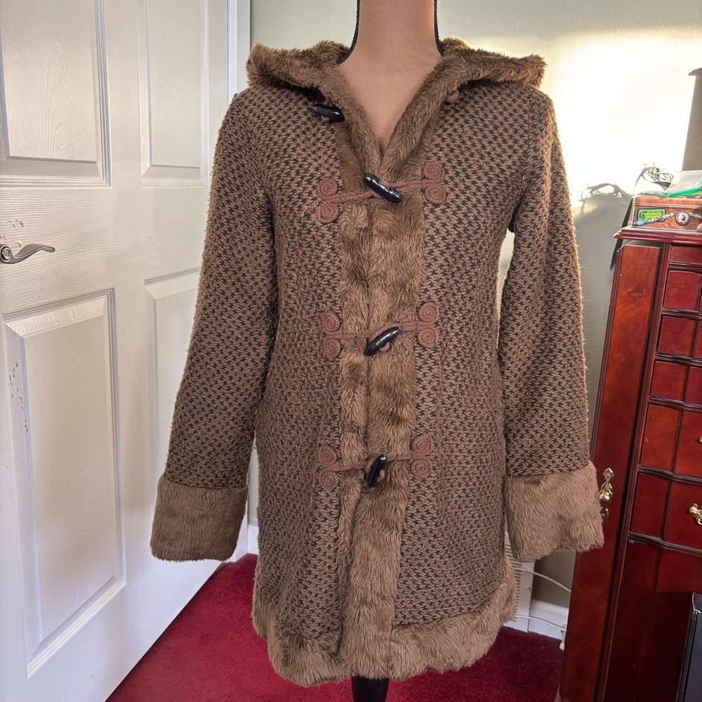 O.Z.O.C Faux Fur Trim Hooded Coat - Brown Toggle Jacket Size 38 (M)